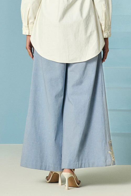 Powder Blue Contrast Embroidered Flared Pants