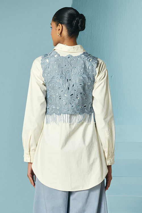 Powder Blue Beadwork And Cutwork Vest