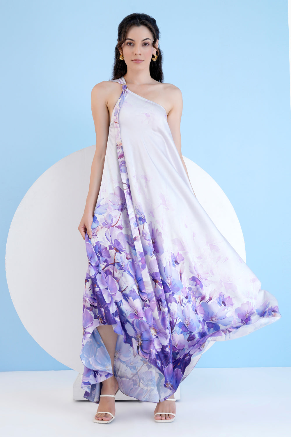 Lilac Bauhinia Printed One Shoulder High Low Kaftan Dress