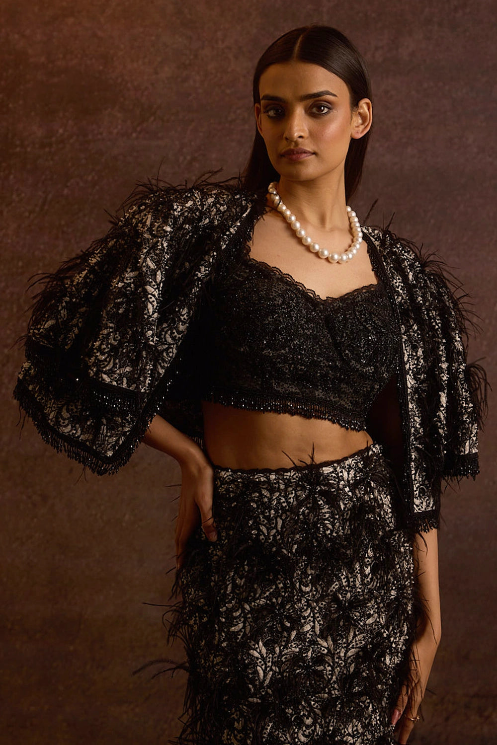 Atha Lace Blouse With Feathered Crop Jacket And Pencil Fit Skirt