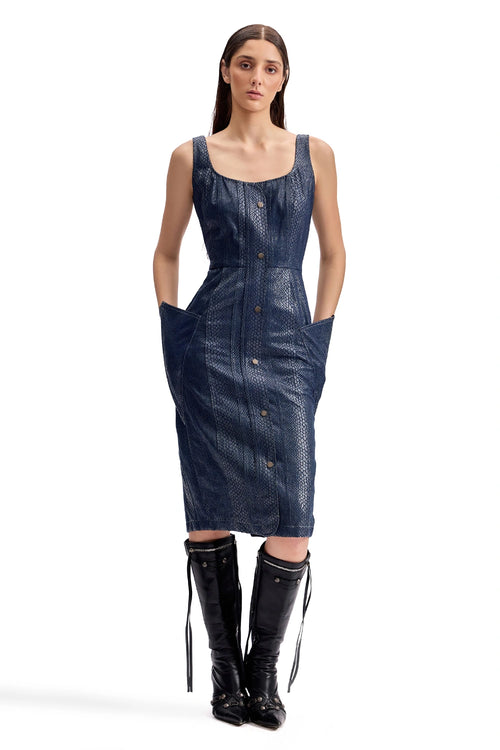 Serpentine Foil Utility Midi Dress