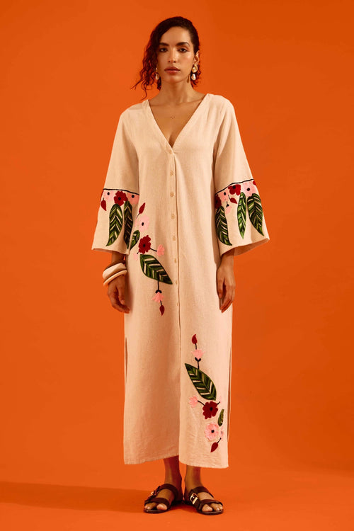 Natural Jute Maxi Dress with Floral Thread Embroidery