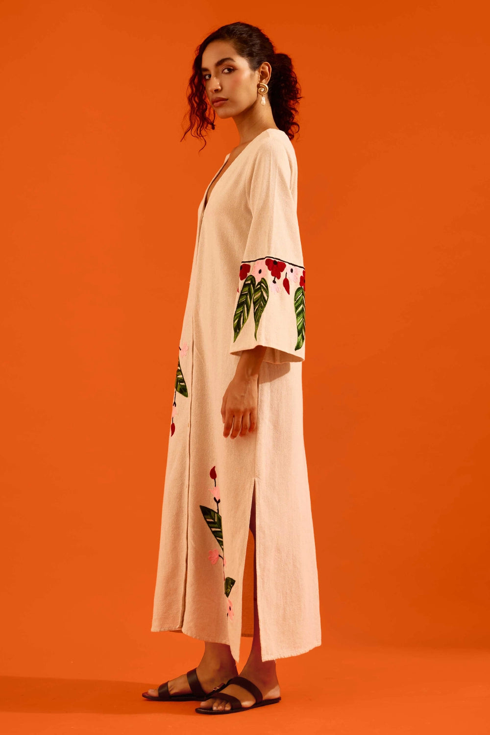 Natural Jute Maxi Dress with Floral Thread Embroidery