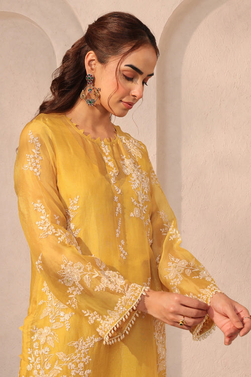 Vaayu Yellow Jaal Straight Kurta Set