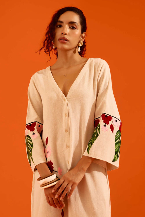 Natural Jute Maxi Dress with Floral Thread Embroidery
