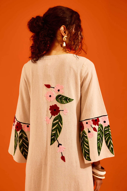 Natural Jute Maxi Dress with Floral Thread Embroidery