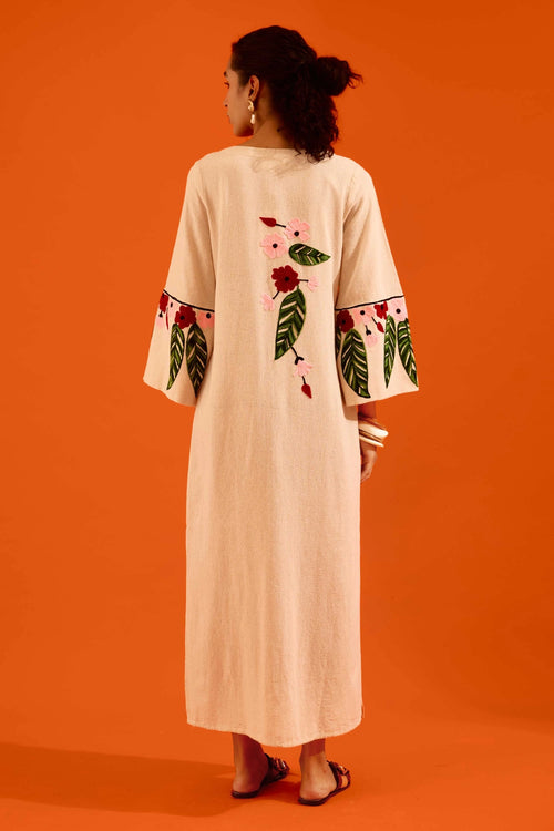 Natural Jute Maxi Dress with Floral Thread Embroidery