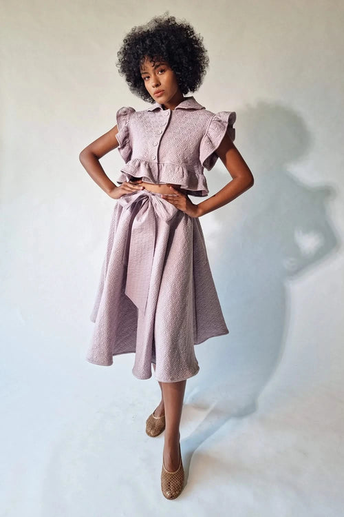 Light Lilac Ruched Top With Quilted Skirt Set