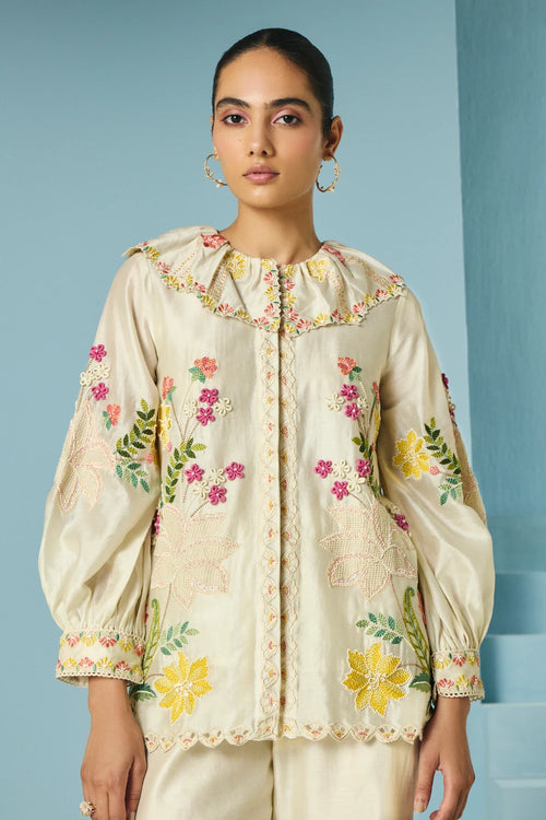 Ivory Floral Embroidered Shirt