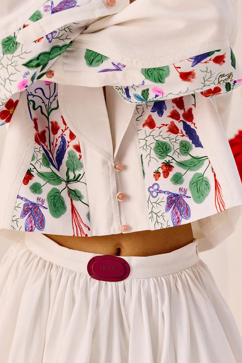 White Floral Printed Crop Jacket