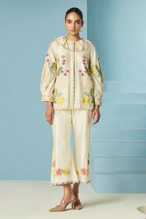 Ivory Floral Embroidered Shirt With Pants