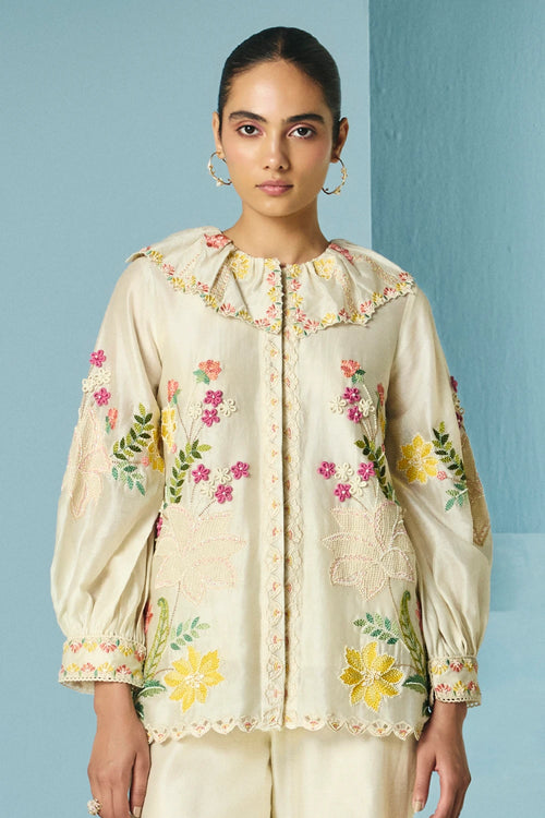 Ivory Floral Embroidered Shirt