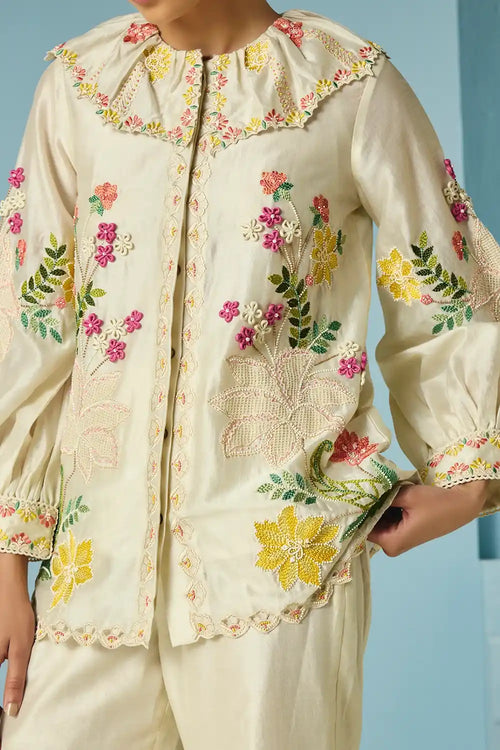 Ivory Floral Embroidered Shirt With Pants