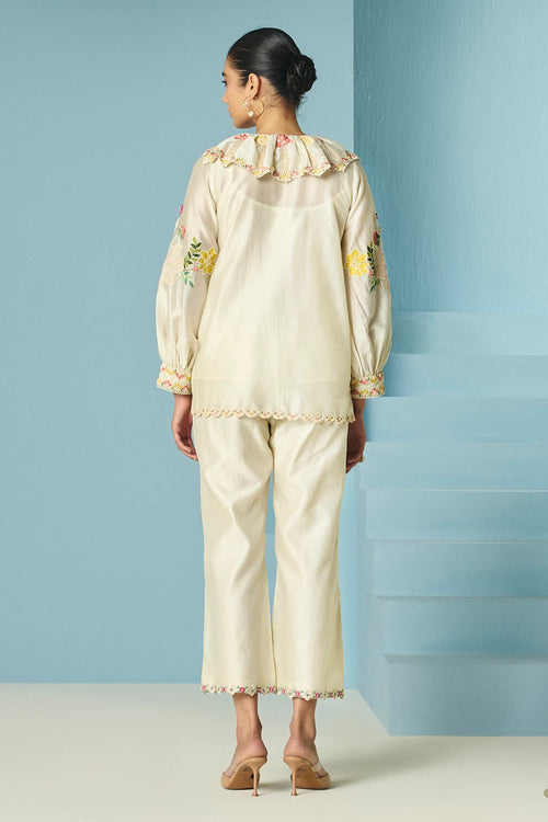 Ivory Floral Embroidered Shirt With Pants