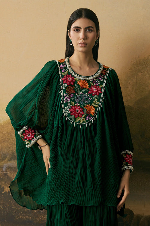 Emerald Green Floral Textured Kimono Tunic With Pants