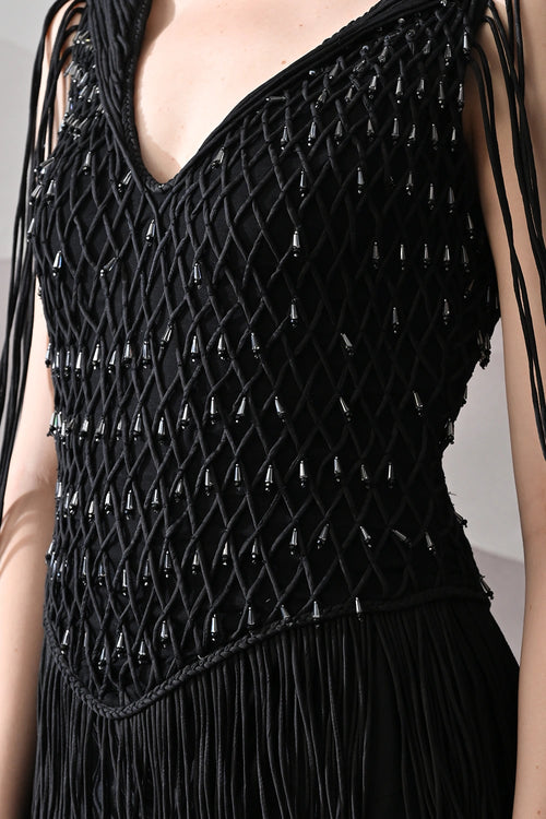 Black Gown With Artisanal Weave And Fringe Detailing