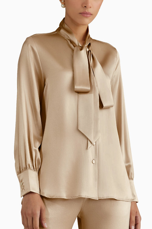 Champagne Silk Long-Sleeved Tie-Neck Top