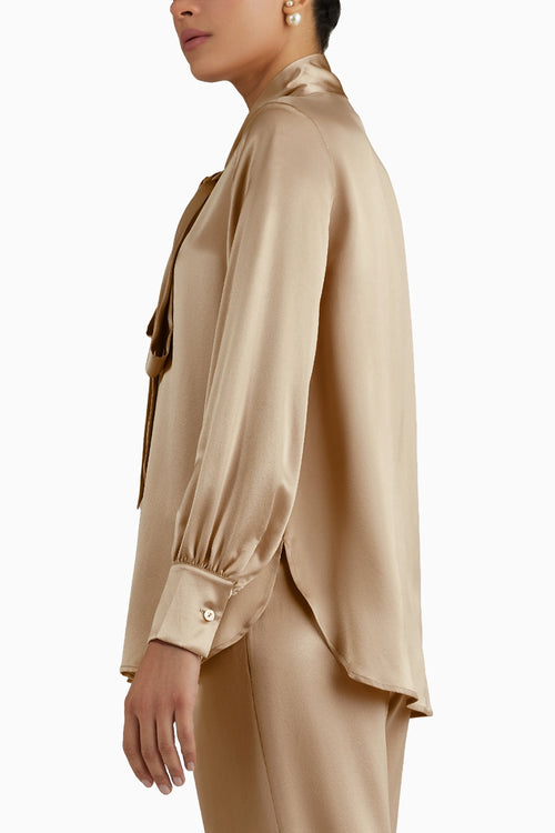 Champagne Silk Long-Sleeved Tie-Neck Top