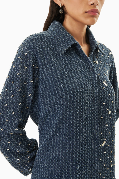 Dark Denim Lazercut Sabi Embellished  Shirt Dress