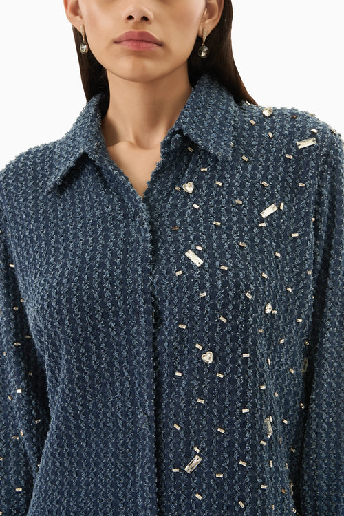 Dark Denim Lazercut Sabi Embellished  Shirt Dress