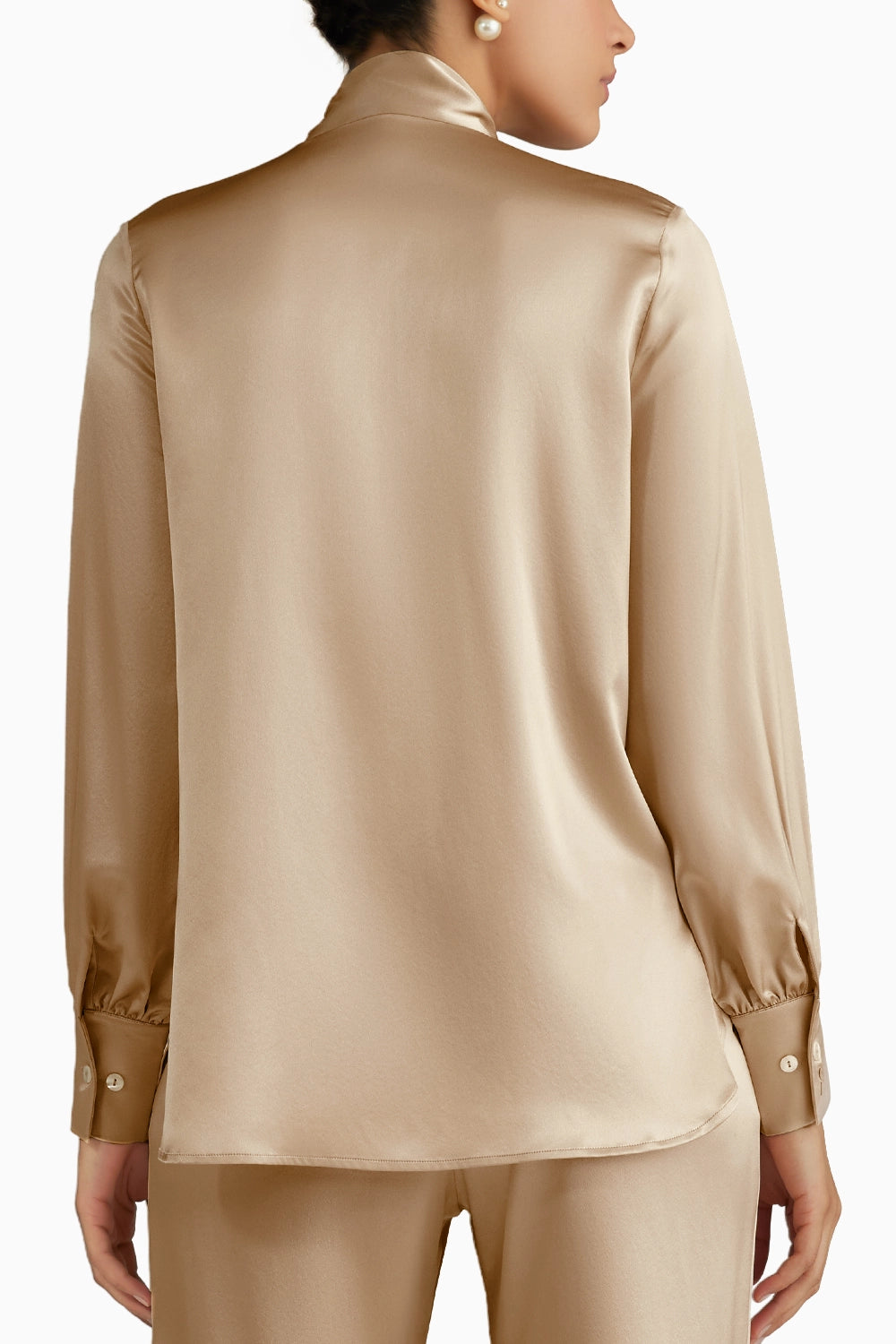 Champagne Silk Long-Sleeved Tie-Neck Top
