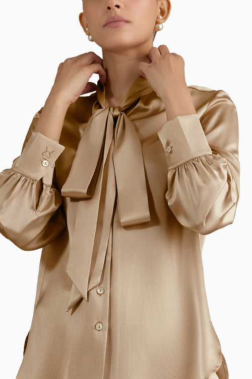 Champagne Silk Long-Sleeved Tie-Neck Top