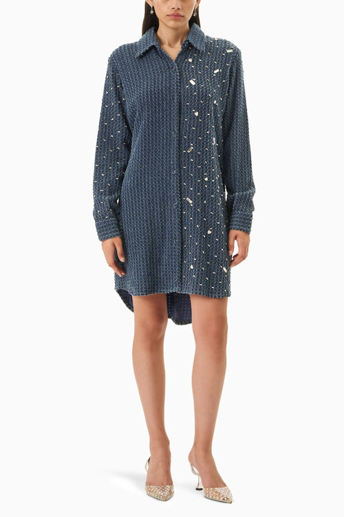 Dark Denim Lazercut Sabi Embellished  Shirt Dress