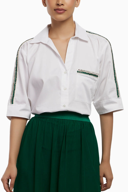 Oversized Emerald Swarovski Ribbon Pocket Shirt with Skirt