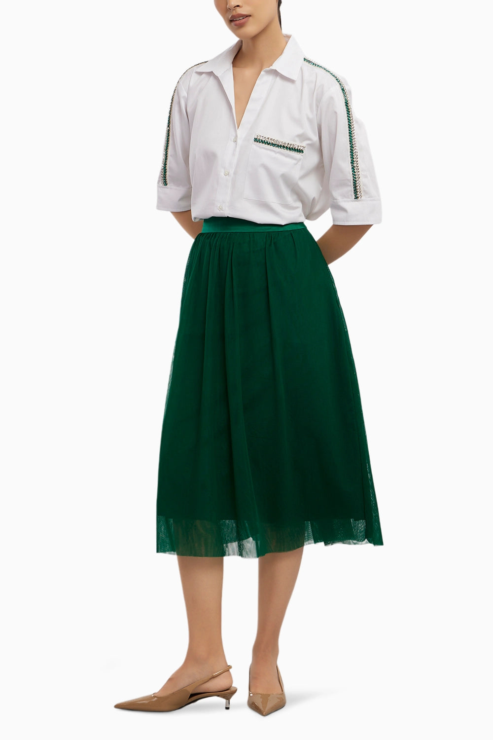 Oversized Emerald Swarovski Ribbon Pocket Shirt with Skirt