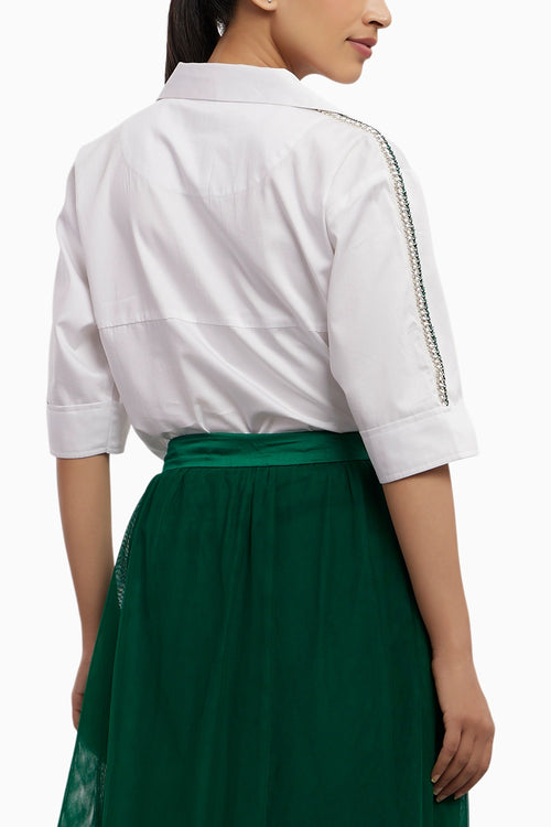 Oversized Emerald Swarovski Ribbon Pocket Shirt with Skirt