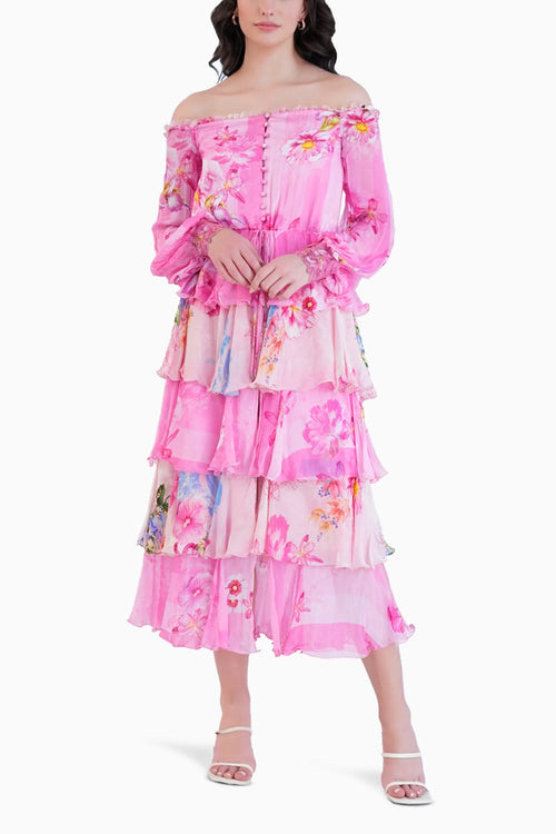 Pastoral Mist Printed Off Shoulder Tiered Dress