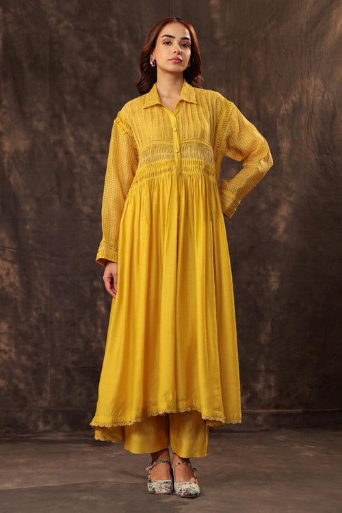 Vaayu Yellow Pintuck Collar Kurta Set