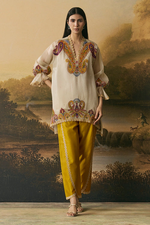 Ivory Contrast Paisley Tunic With Floral Tulip Pants
