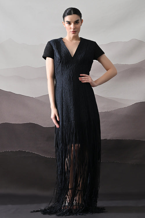 Black V-Neck Gown With Linear Texture And Fringe