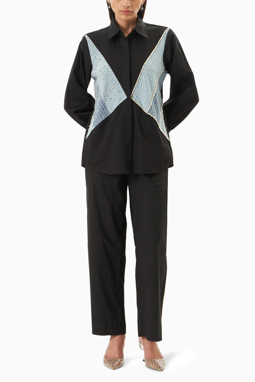 Black Cotton 3 Panel Denim Shirt with Embellished Stud Lines Pants