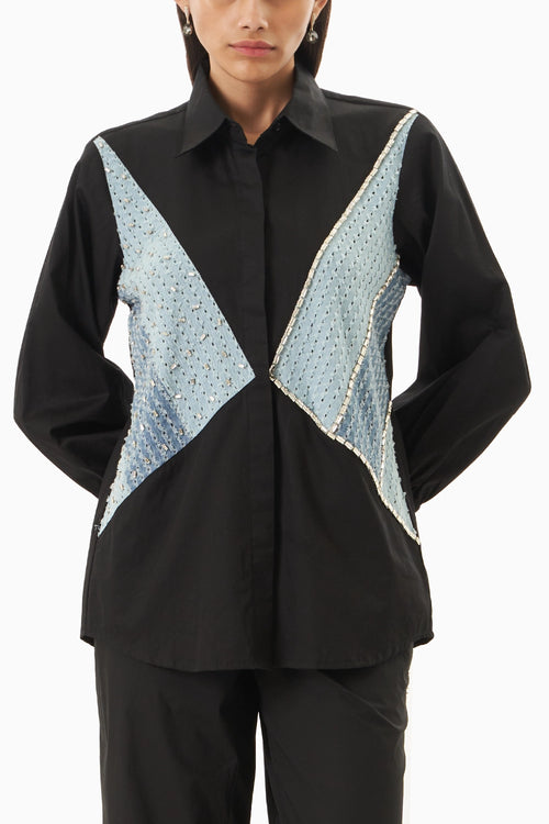 Black Cotton 3 Panel Denim Shirt