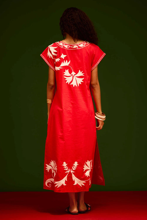 Scarlet Maxi Dress with Ivory Garden Thread Embroidery