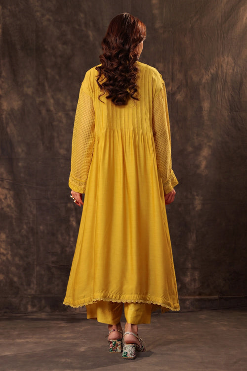 Vaayu Yellow Pintuck Collar Kurta Set