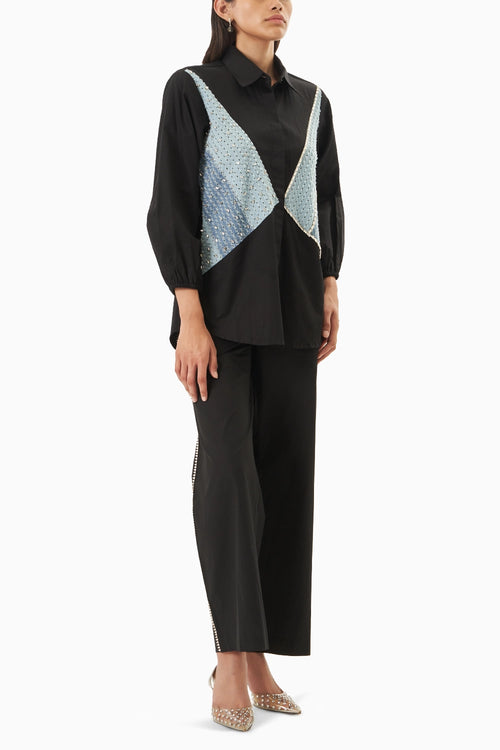 Black Cotton 3 Panel Denim Shirt with Embellished Stud Lines Pants