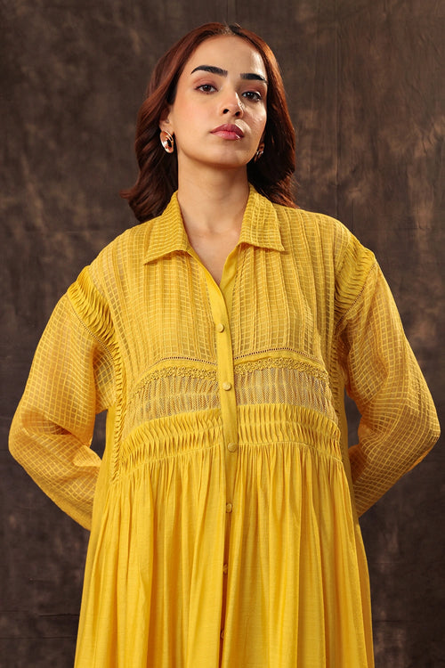 Vaayu Yellow Pintuck Collar Kurta Set