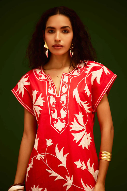 Scarlet Maxi Dress with Ivory Garden Thread Embroidery