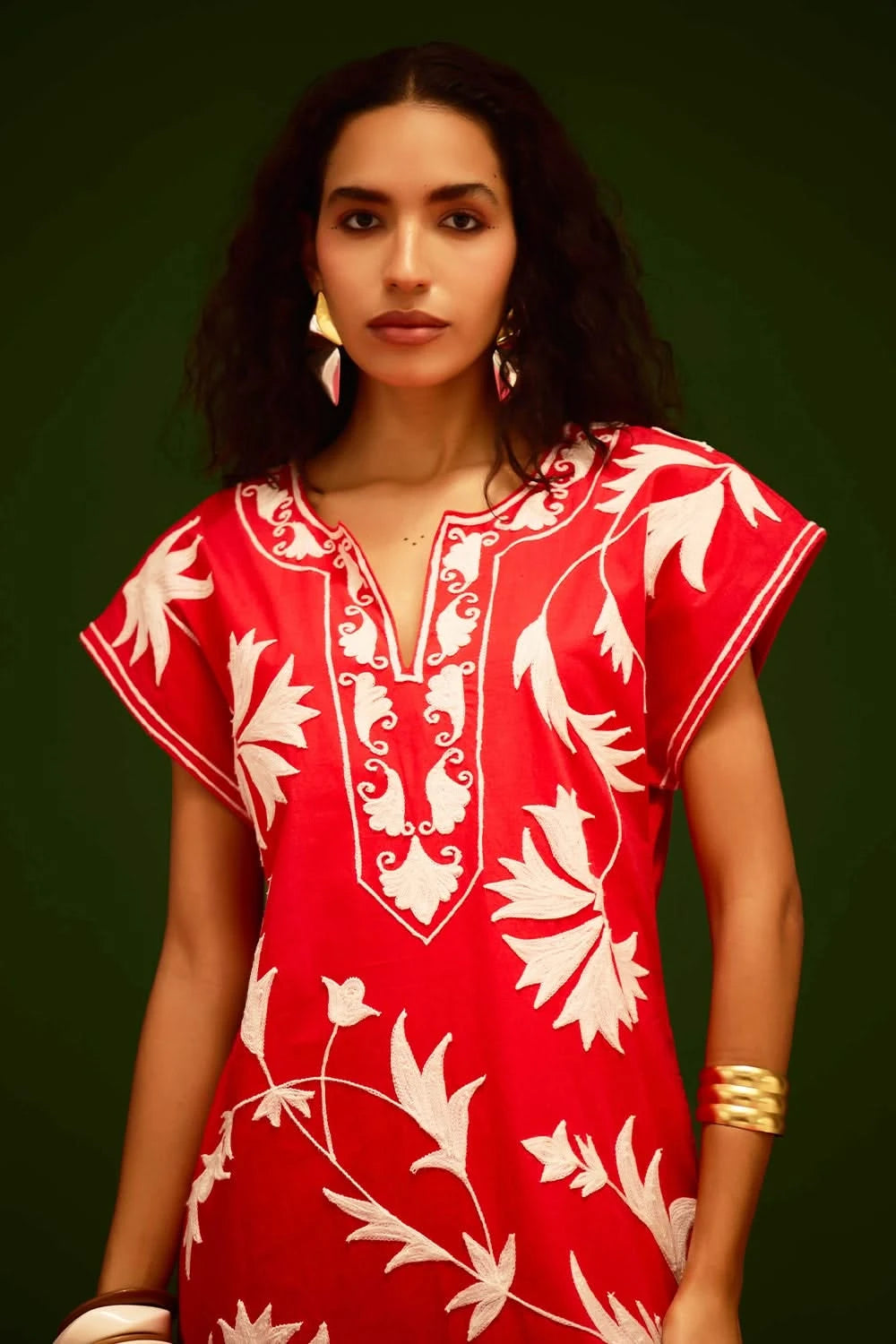 Scarlet Maxi Dress with Ivory Garden Thread Embroidery
