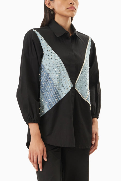 Black Cotton 3 Panel Denim Shirt