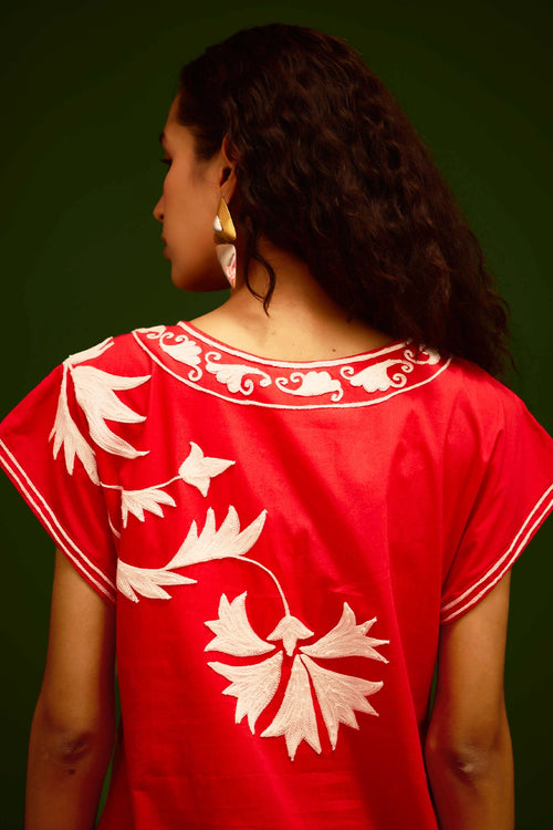 Scarlet Maxi Dress with Ivory Garden Thread Embroidery