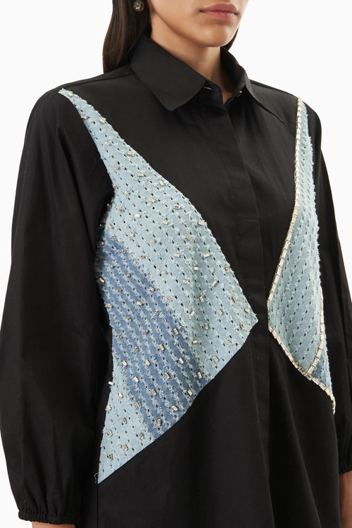Black Cotton 3 Panel Denim Shirt with Embellished Stud Lines Pants