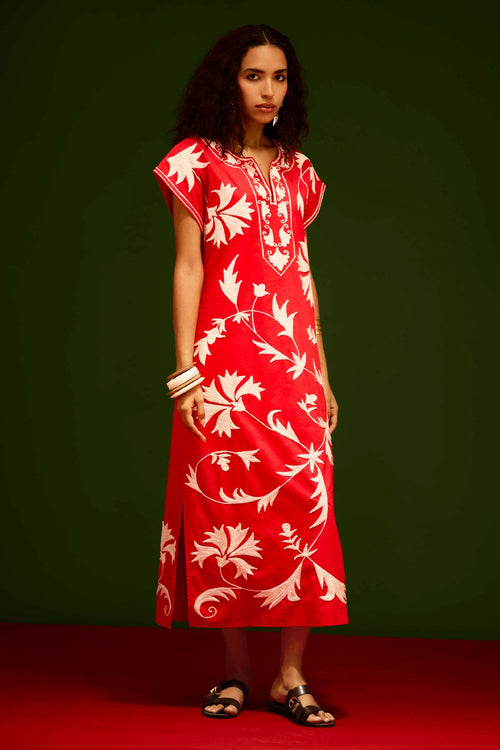 Scarlet Maxi Dress with Ivory Garden Thread Embroidery
