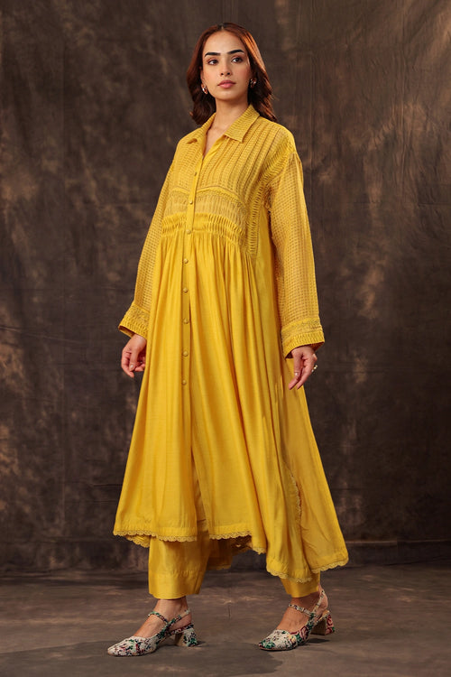 Vaayu Yellow Pintuck Collar Kurta Set
