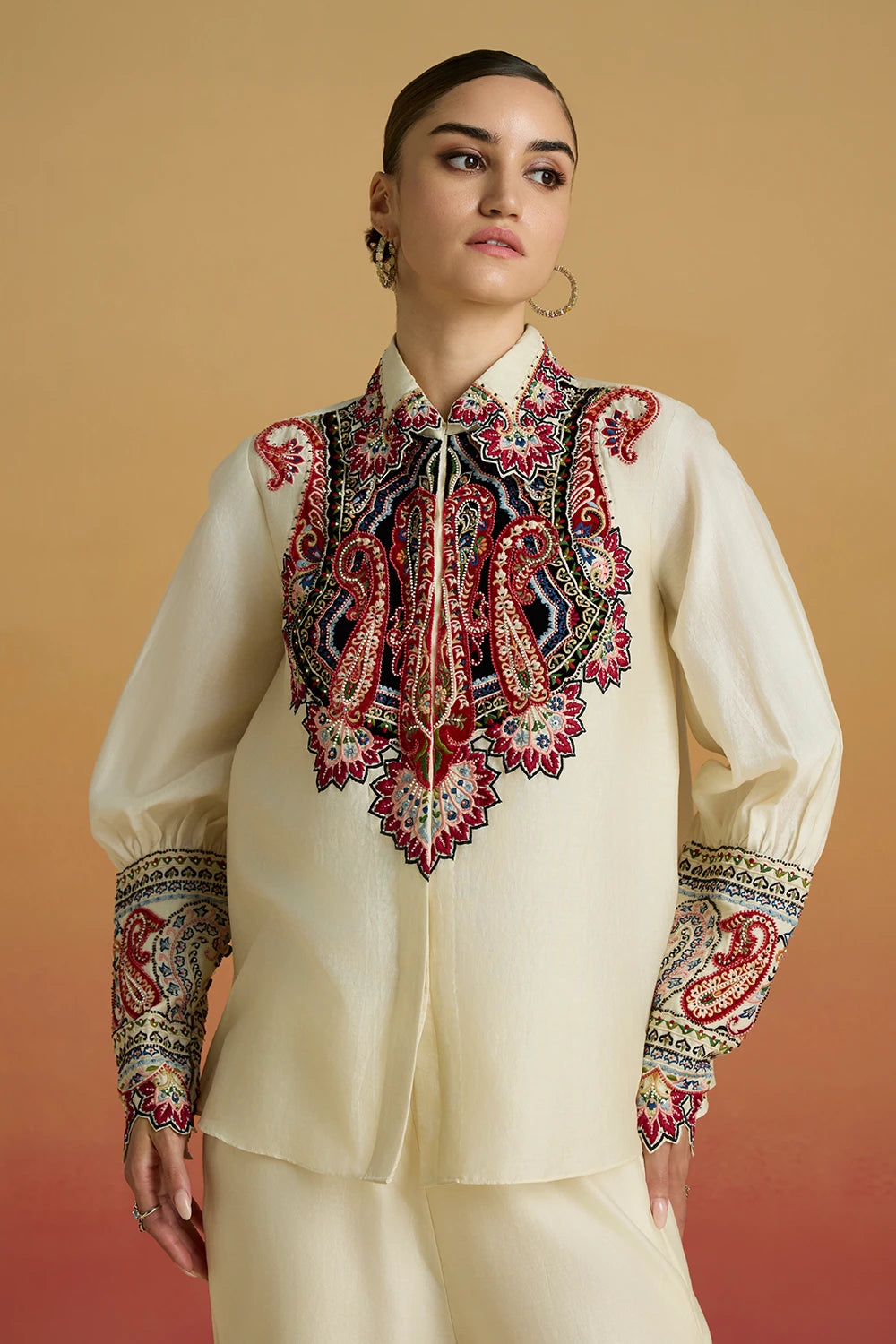 Ivory Paisley Applique Shirt with Amaryllis Pants