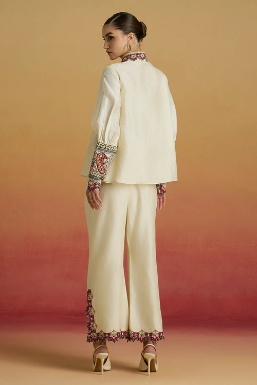Ivory Paisley Applique Shirt with Amaryllis Pants