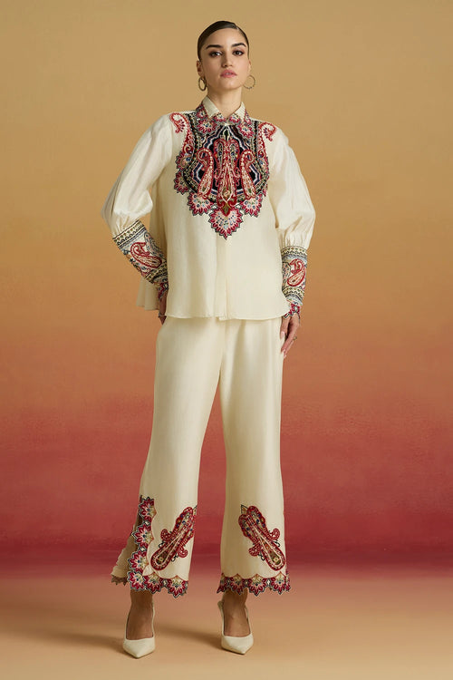 Ivory Paisley Applique Shirt with Amaryllis Pants